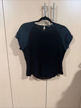 Tahari Black Short-Sleeve Mixed-Media Blouse